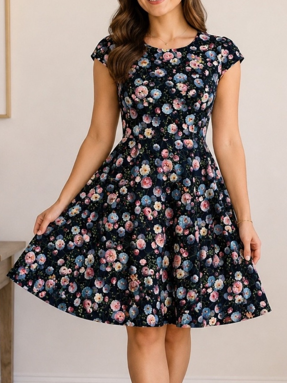 Floral Fit & Flare Dress in Black with Pink Florals